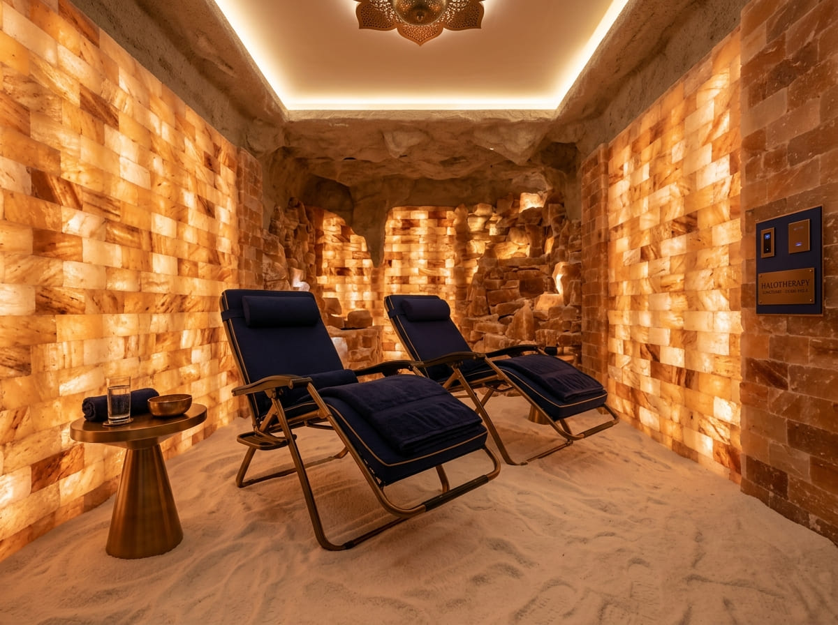 Salt room in Dubai with backlit salt brick walls, a salt-covered floor and loungers