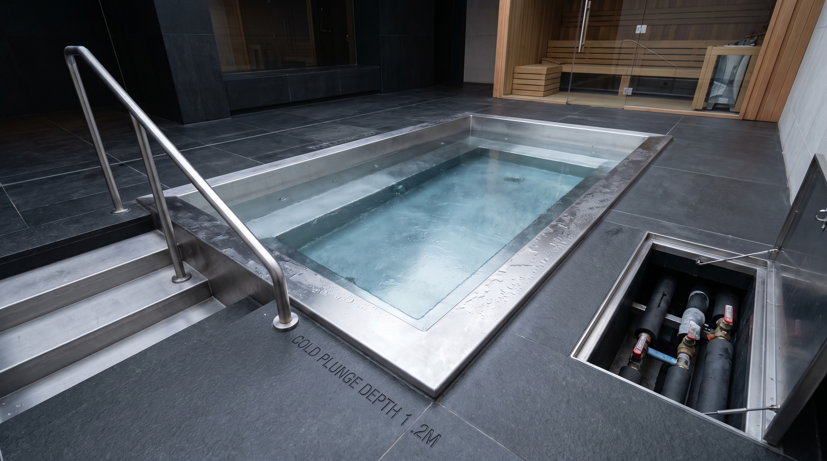 Sunken cold plunge pool lined in honed basalt in a hotel thermal suite, water held at 10 degrees Celsius