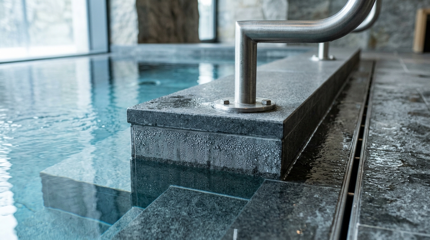 Stone coping, grab rail and slot drain at the edge of a cold plunge pool, with condensation on the cold stone face