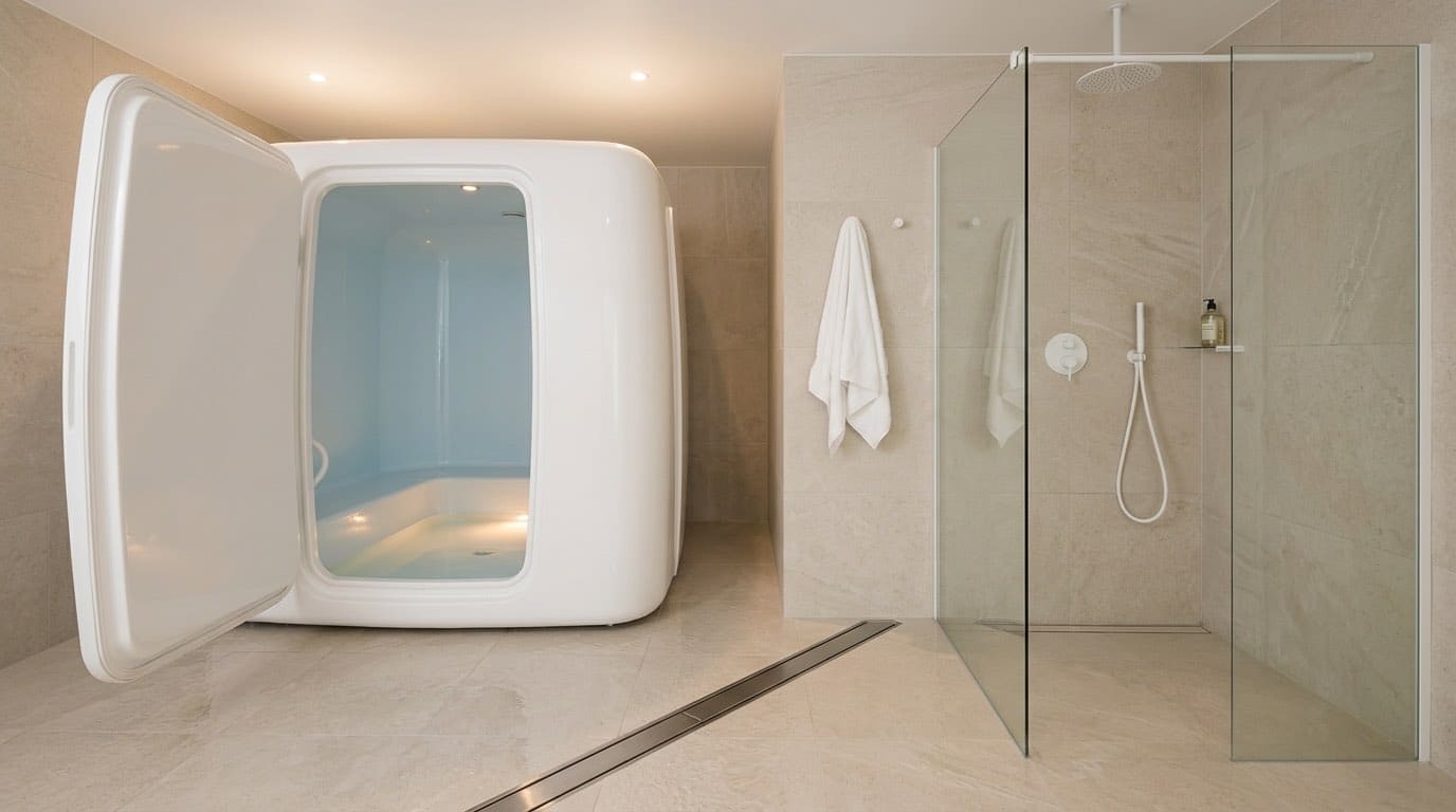 Float cabin with its door open beside a walk-in rinse shower on the same tiled wet floor with a linear drain