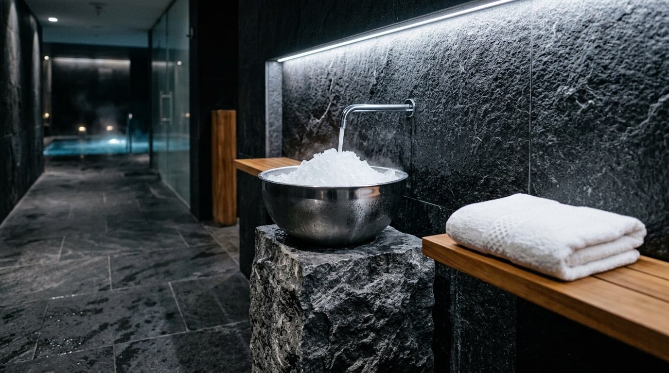 Ice fountain station in a dark stone thermal circuit corridor between heat rooms
