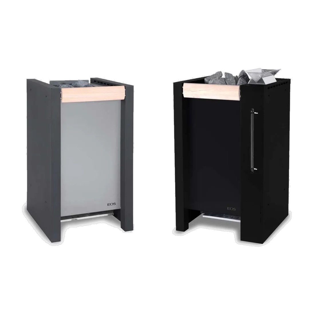 EOS Herkules S60 electric sauna heater shown open and closed with its basket charged with split stones, the stored mass that decides how much water a heater can take at once