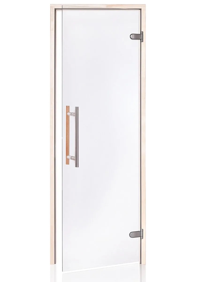 Sauna glass door of clear tempered glass in a pale timber frame with two grey hinges and a vertical bar handle with a timber grip, on a white background