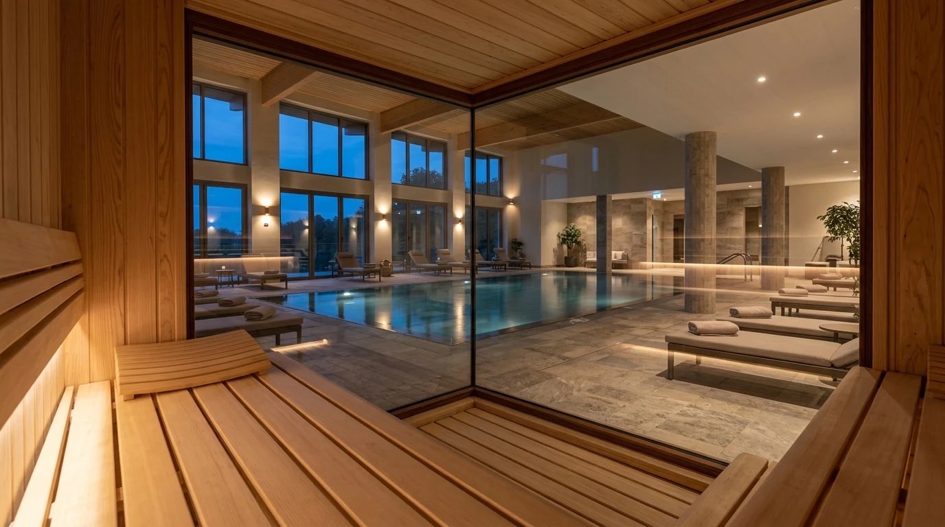 View from a sauna bench through two full-height glass walls meeting at a corner onto a hotel pool hall, the room a sauna glass door opens into