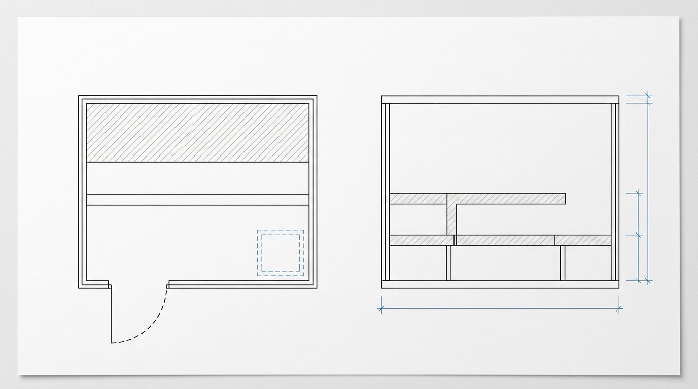 Plan and section drawing of a four-person sauna room: a 2.4 m upper bench along the back wall, a lower bench in front of it, a door at one end of the long wall and dimension lines for 600 mm seats and 1,100 to 1,200 mm headroom
