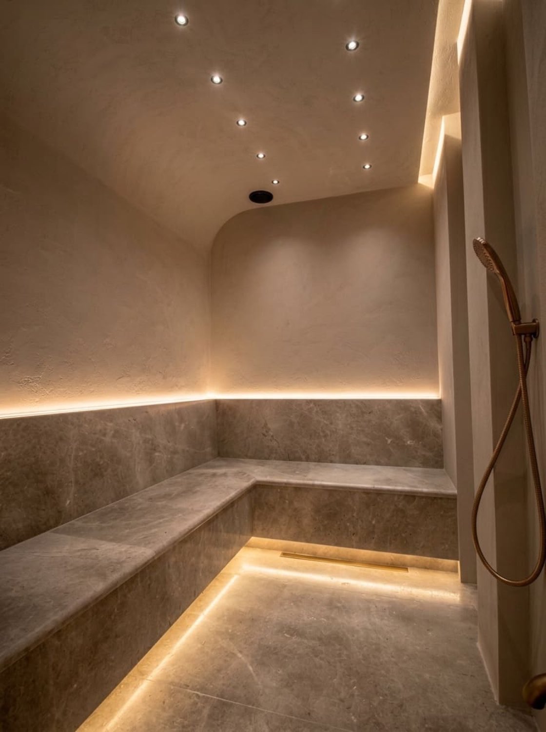 Wet room of the hammam suite in a private villa in Dubai: large grey stone floor tiles, an L-shaped stone bench lit from below, a brass linear drain at its foot and a copper hand shower